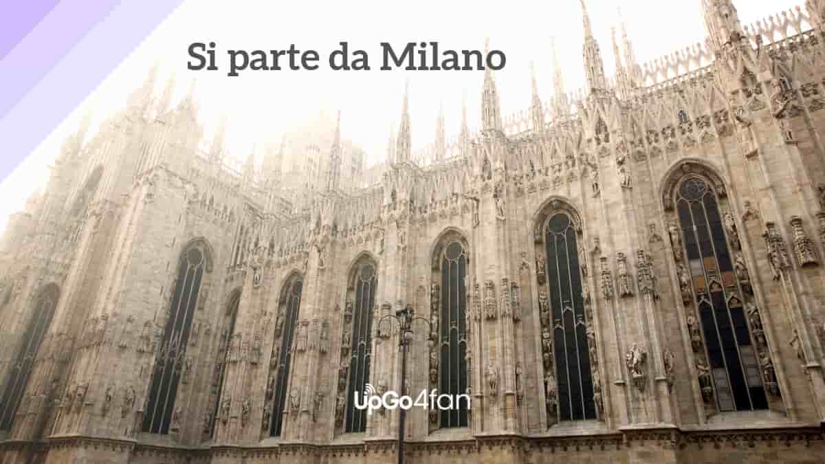 Foto di parte del Duomo di Milano e scritta "si parte"