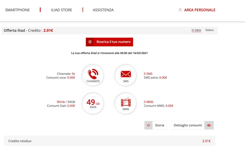 Screenshot Area Personale Iliad / Ricarica